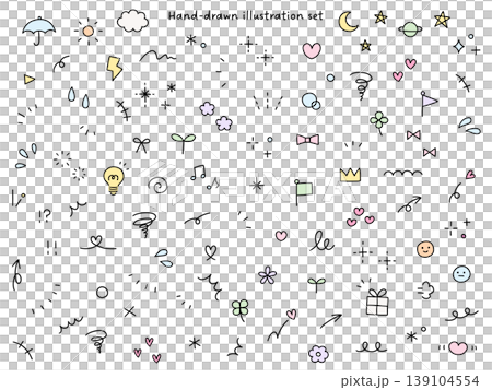 手書きの飾りイラストのベクターイラストセット。手描き、集中線、花、落書き、ハート、星 139104554
