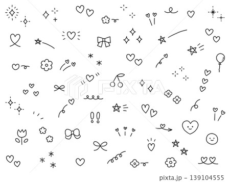手書きの飾りイラストのベクターイラストセット。手描き、集中線、リボン、落書き、ハート、星 139104555