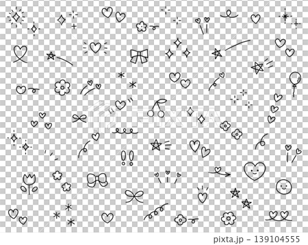 手書きの飾りイラストのベクターイラストセット。手描き、集中線、リボン、落書き、ハート、星 139104555