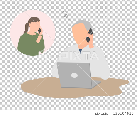 An illustration of a senior man consulting on the phone while looking at his computer. An illustration of a senior man consulting on the phone while looking at his computer. 139104610