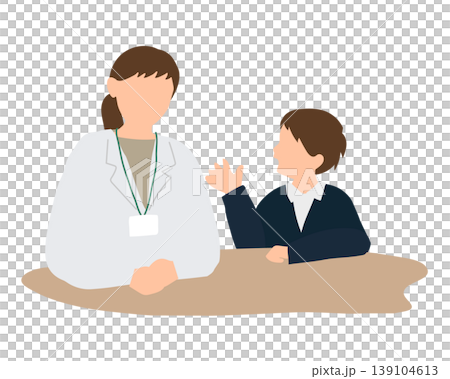 An illustration of a young boy talking to his teacher in the school infirmary (a positive conversation). An illustration of a young boy talking to his teacher in the school infirmary (a positive conversation). 139104613