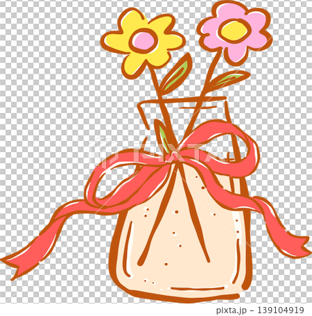 Preppy Flowers in a Vase with Ribbon Whimsical Hand Drawn 139104919