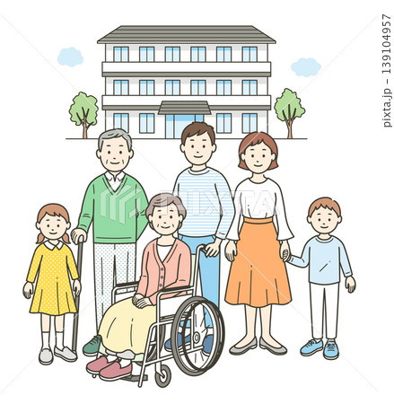 介護施設の前にいる車椅子に座る高齢女性と高齢男性の夫婦と若い夫婦と子供達 139104957