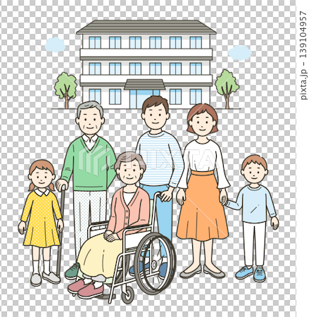 介護施設の前にいる車椅子に座る高齢女性と高齢男性の夫婦と若い夫婦と子供達 139104957