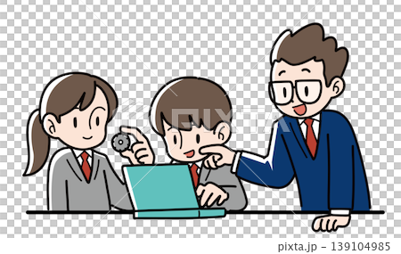 An illustration of the upper bodies of three people: a male and female student learning using a computer and gears, and a teacher smiling and instructing them. An illustration of the upper bodies of three people: a male and female student learning using a computer and gears, and a teacher smiling and instructing them. 139104985