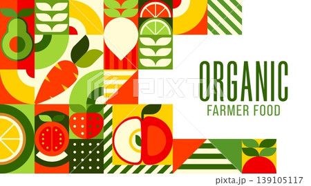 Organic farm fruits and vegetables banner with geometric pattern and abstract shapes. Vector retro modern tile background promoting organic farmer plants, healthy produce and natural fresh market food Organic farm fruits and vegetables banner with geometric pattern and abstract shapes. Vector retro modern tile background promoting organic farmer plants, healthy produce and natural fresh market food 139105117