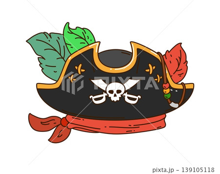 Cartoon pirate character tricorn hat with green and red feathers and bandana. Groovy black corsair hat with skull and bones, golden trim, feathers and beads. Cartoon vector headdress for skipper Cartoon pirate character tricorn hat with green and red feathers and bandana. Groovy black corsair hat with skull and bones, golden trim, feathers and beads. Cartoon vector headdress for skipper 139105118