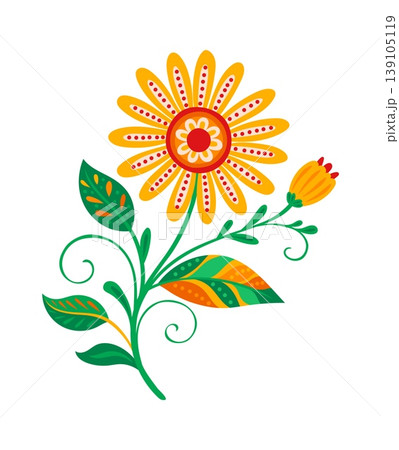 Mexican ethnic embroidery spring flower element with yellow petals ornate leaves. Mexico culture colorful nature object, Hispanic ethnic flower vector decor. Mexican folk floral isolated decoration Mexican ethnic embroidery spring flower element with yellow petals ornate leaves. Mexico culture colorful nature object, Hispanic ethnic flower vector decor. Mexican folk floral isolated decoration 139105119