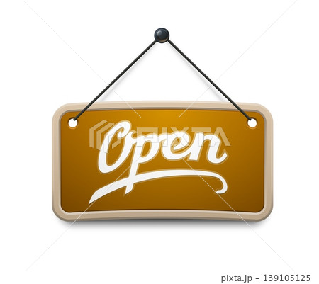 Open brown signboard, shop store door sign board. Shop entrance open message vector signboard, store door message sign. Cafe board with brown plate hanging on rope and handwritten typography text 139105125