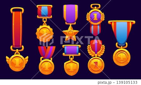 Game golden medals award vector icons. Victory and achievement trophy decorated with wings, stars and laurel wreaths, ribbons and shields. Victory, reward and success award medals Game golden medals award vector icons. Victory and achievement trophy decorated with wings, stars and laurel wreaths, ribbons and shields. Victory, reward and success award medals 139105133