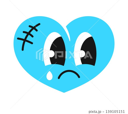 Retro Y2K groovy crying heart character sticker or funky tag. Funky cool vector label, Y2K 2000s patch. Vintage 90s sticker or retro nostalgic tag with scar on blue heart personage sad face 139105151