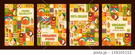 Organic food and farm market posters, fruits and vegetables geometric pattern. Flat banner with apple, pumpkin, rosehip, and pear arranged in vibrant grid layout. Vector posters for farmer market 139105152