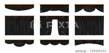 Theater stage black curtains. Realistic 3d vector set of dark valances with swags drapes, tiebacks and rods. Charcoal theater curtains for stage performance, theatrical, cinematic, presentation events 139105153