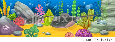 Underwater landscape game background with stingray or manta. Coral reef life vector backdrop, marine underwater landscape with stingrays cartoon characters, rocks, corals and seaweeds on ocean bottom Underwater landscape game background with stingray or manta. Coral reef life vector backdrop, marine underwater landscape with stingrays cartoon characters, rocks, corals and seaweeds on ocean bottom 139105157