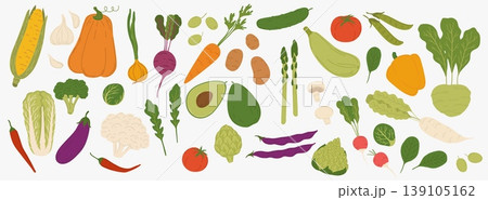 Ripe raw vegetables, vector food, veggies and greens. Flat cartoon carrot, potato, onion and cabbage, raw tomato and cucumber, broccoli and radish, pumpkin, spinach and arugula leafy vegetables Ripe raw vegetables, vector food, veggies and greens. Flat cartoon carrot, potato, onion and cabbage, raw tomato and cucumber, broccoli and radish, pumpkin, spinach and arugula leafy vegetables 139105162