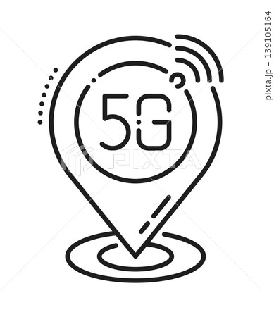 5G mobile access point tech line icon or symbol. Fast speed data transmission thin line symbol, mobile signal connection vector icon. 5G wireless network pictogram with navigation location point pin 139105164