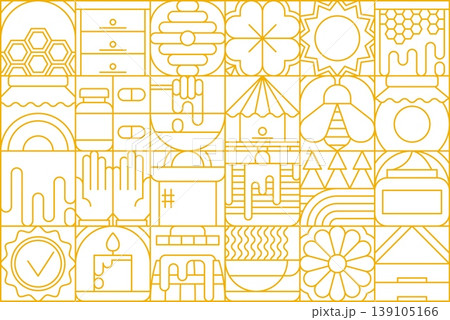 Modern geometric beekeeping apiary and honey Bauhaus pattern. Apiary and beekeeping Bauhaus vector pattern, agriculture backdrop. Honey background with beehive, sunflower, apiary equipment and comb Modern geometric beekeeping apiary and honey Bauhaus pattern. Apiary and beekeeping Bauhaus vector pattern, agriculture backdrop. Honey background with beehive, sunflower, apiary equipment and comb 139105166