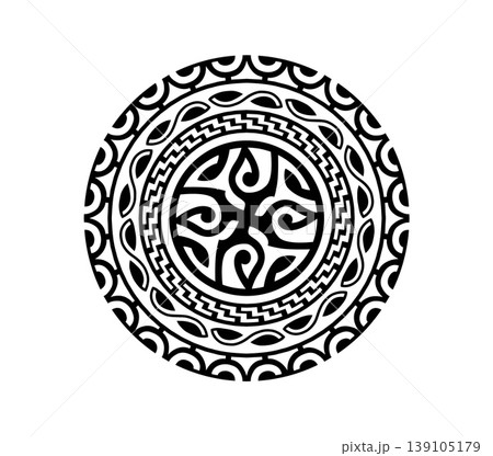 Maori sun medallion tribal graphic tattoo or decor. Maori tribe abstract tattoo, Polynesian warrior graphic decoration. Samoan ethnic folk print 139105179