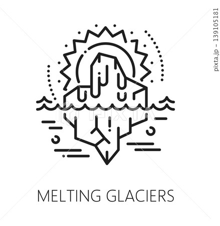Melting glaciers natural disaster, global cataclysm line icon. Climate change disaster icon, environmental catastrophe vector symbol. Global warming natural cataclysm sign with sun, iceberg in ocean Melting glaciers natural disaster, global cataclysm line icon. Climate change disaster icon, environmental catastrophe vector symbol. Global warming natural cataclysm sign with sun, iceberg in ocean 139105181