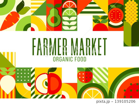 Organic fruits and vegetables on farm market poster with geometric pattern, vector background. Farmer market poster of fruits and vegetables, apple and avocado with tomato and carrot geometric pattern Organic fruits and vegetables on farm market poster with geometric pattern, vector background. Farmer market poster of fruits and vegetables, apple and avocado with tomato and carrot geometric pattern 139105206