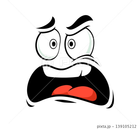 Cartoon face with furious expression. Character with heavy slanted brows, bulging eyes and gaping black mouth with red tongue. Angry emotion face for social media reactions and stickers 139105212