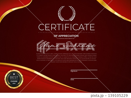 Education diploma certificate, award template. Elegant red and gold design with laurel wreath, cursive name field, signature and date lines, and Best Choice badge. Vector diploma of academic award Education diploma certificate, award template. Elegant red and gold design with laurel wreath, cursive name field, signature and date lines, and Best Choice badge. Vector diploma of academic award 139105229