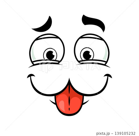 Cartoon emotion and funny face expression with big eyes and tongue out, showing playful and cheerful mood. Cute vector expressive character icon creates comic emoji, humor and lively emoticon reaction Cartoon emotion and funny face expression with big eyes and tongue out, showing playful and cheerful mood. Cute vector expressive character icon creates comic emoji, humor and lively emoticon reaction 139105232