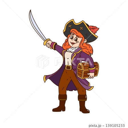 Cartoon groovy female pirate captain character with sword and treasure chest wearing classic corsair costume. Brave sea queen sailor stands ready for sea adventure, funny cute fantasy comic personage 139105233