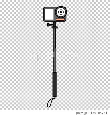 イラスト素材: 自撮り棒に取り付けられたアクションカメラのベクターイラスト 139105731