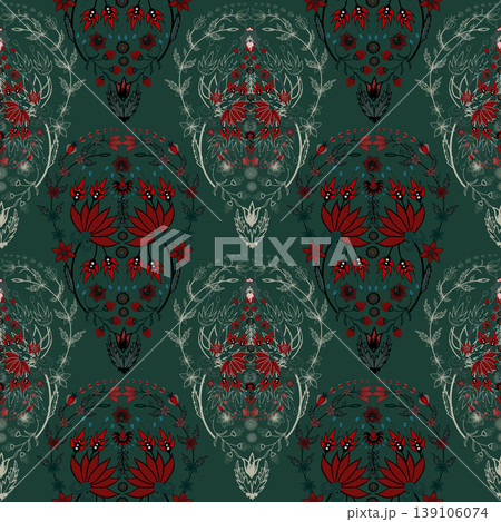 Floral seamless pattern ,bunny egg Print Pattern Seamless , spring flowers Vector clipart. Seamless pattern with stylized exotic flowers, climbing plants. Fashion floral wallpaper, background. Asian	 139106074