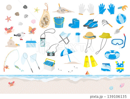 夏の海遊び道具の詰め合わせフレームセット（潮干狩り・釣り・砂遊び） 139106135