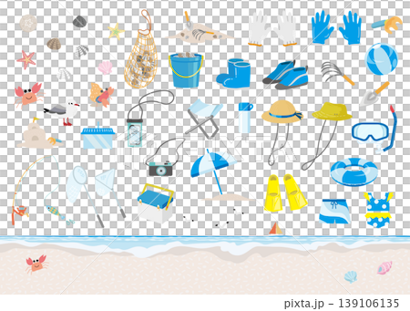 夏の海遊び道具の詰め合わせフレームセット（潮干狩り・釣り・砂遊び） 139106135