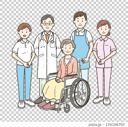 一幅插圖描繪了一位坐在輪椅上的老婦人，以及一位護理員、一位醫生和一位護士。 139106703