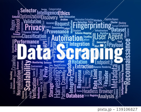 Data Scraping Word Cloud. A professional visual summary of web crawling, automated data extraction, anti-bot bypass techniques, and large-scale information harvesting architectures. 139106827