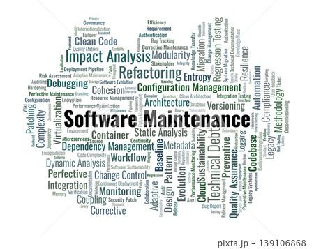 Software Maintenance Word Cloud. A technical visual summary of lifecycle management, technical debt mitigation, legacy system evolution, and strategic quality assurance methodologies. 139106868
