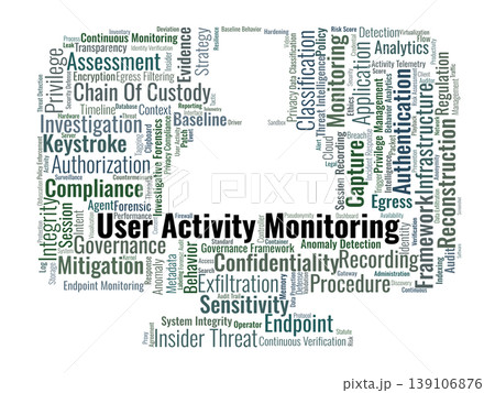 User Activity Monitoring Word Cloud. A technical visual representation of behavioral analytics, forensic auditing, and compliance strategies for securing internal digital environments. User Activity Monitoring Word Cloud. A technical visual representation of behavioral analytics, forensic auditing, and compliance strategies for securing internal digital environments. 139106876