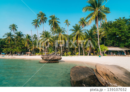 Tropical beach with white sand and coconut palm trees in Thailand. 139107032