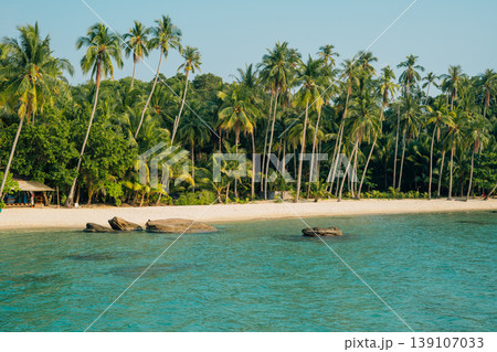 Tropical beach with white sand and coconut palm trees in Thailand. Tropical beach with white sand and coconut palm trees in Thailand. 139107033
