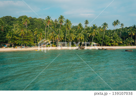 Tropical beach with white sand and coconut palm trees in Thailand. 139107038