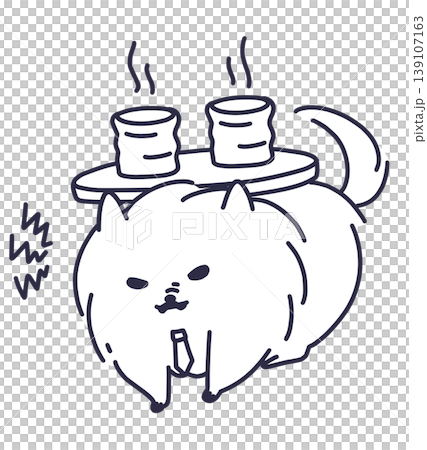 一幅線條畫插圖,描繪了一隻成年博美犬被迫泡茶,顯得很不耐煩。 一幅線條畫插圖,描繪了一隻成年博美犬被迫泡茶,顯得很不耐煩。 139107163