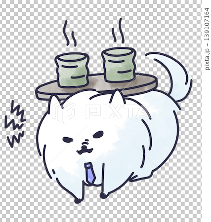 An illustration of a working adult Pomeranian who is annoyed at being made to serve tea. An illustration of a working adult Pomeranian who is annoyed at being made to serve tea. 139107164