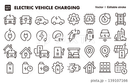 電気自動車とEV充電のアイコンセット(細線・ベクター素材)バッテリー、充電、EV車素材 電気自動車とEV充電のアイコンセット(細線・ベクター素材)バッテリー、充電、EV車素材 139107166