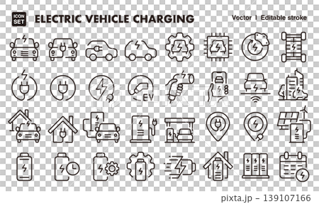 電気自動車とEV充電のアイコンセット(細線・ベクター素材)バッテリー、充電、EV車素材 電気自動車とEV充電のアイコンセット(細線・ベクター素材)バッテリー、充電、EV車素材 139107166