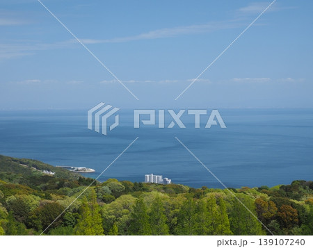 海と森のコントラスト。あわじ花さじきの丘から望む穏やかな初夏の海景 139107240