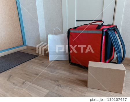 Delivery Service Backpack with Parcels and Bag Delivery Service Backpack with Parcels and Bag 139107437