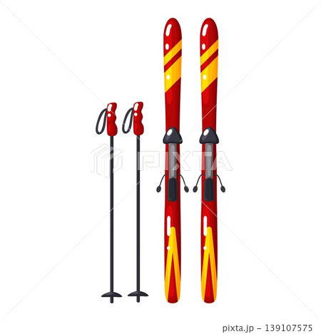 Red Yellow Skis and Poles Set Cartoon Vector Icon 139107575