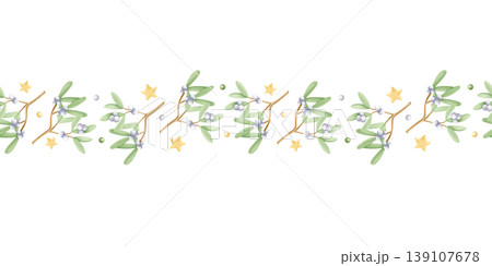 Christmas mistletoe branches with gold stars and white berries watercolor seamless border. Traditional winter plant for holiday horizontal background. Simple botanical repeat banner in pastel colors Christmas mistletoe branches with gold stars and white berries watercolor seamless border. Traditional winter plant for holiday horizontal background. Simple botanical repeat banner in pastel colors 139107678