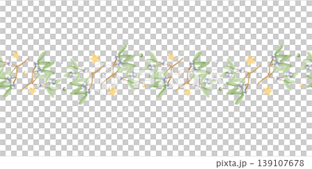 Christmas mistletoe branches with gold stars and white berries watercolor seamless border. Traditional winter plant for holiday horizontal background. Simple botanical repeat banner in pastel colors Christmas mistletoe branches with gold stars and white berries watercolor seamless border. Traditional winter plant for holiday horizontal background. Simple botanical repeat banner in pastel colors 139107678