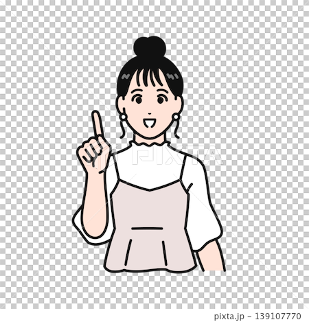 一幅簡單的向量插圖,描繪了一位頭髮紮起來的年輕女子,面帶微笑,指著前方。 一幅簡單的向量插圖,描繪了一位頭髮紮起來的年輕女子,面帶微笑,指著前方。 139107770