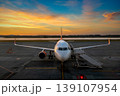 Commercial airliner parked on the tarmac at sunrise at the Milan Malpensa International Airport. 139107954